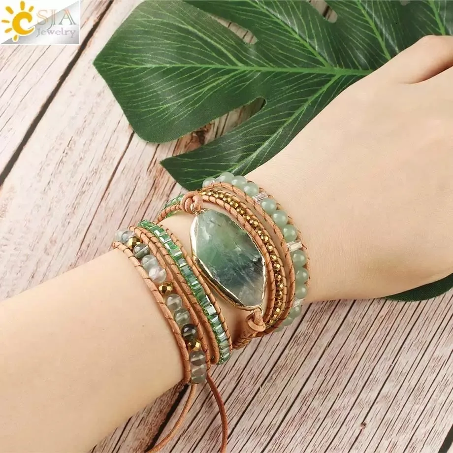 Bangle CSJA natuursteen armbanden groen fluoriet kristal Aventurijn kraal lederen wikkelarmband meerlaagse Boho sieraden Pulseira G118 230911