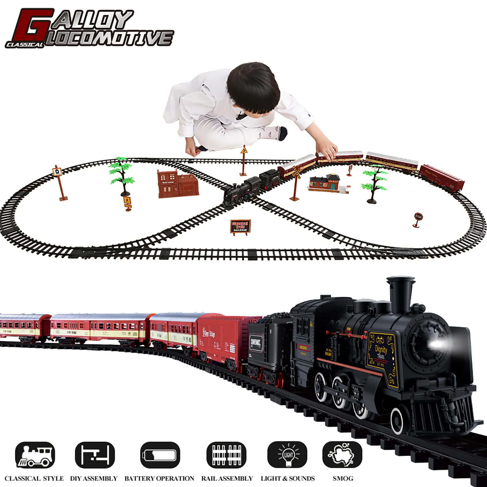 Diecast Modell Elektrische Weihnachten Zug Spielzeug Set Auto Eisenbahn Gleise Dampf Lokomotive Motor Pädagogisches Game Boy Spielzeug für Kinder 230912