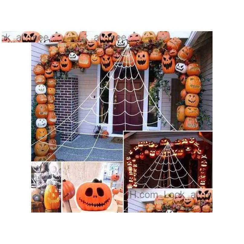 Inne świąteczne zapasy imprezy Halloween Decorations Spider Web z zestawem Gutter Hook 16,4 stóp NT Outdoor Yard Triangar Decor Stretch Cobw Dhswe