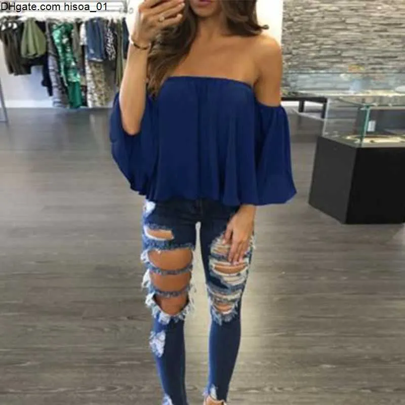 Fashion Women Off Shoulder Top Long Sleeve Pullover Casual Blouse Hals Langarm Chiffon Schulter Blouse Fashion New