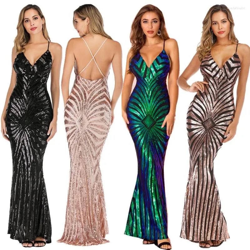 Casual Dresses Sexy Black Gold Sequin Maxi Mermaid Evening Dress For Women Vintage Bodycon Backless Formal Luxury Night Club Party