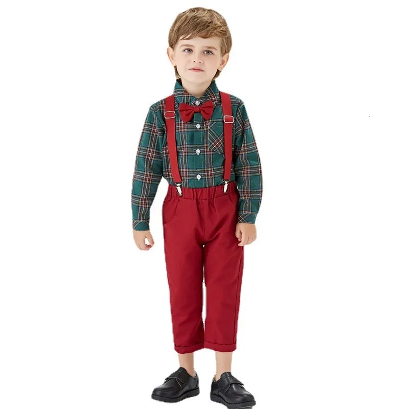 Ensembles de vêtements Tenue de Noël Garçon Enfants Enfant Robe Costume Bébé Garçons Gentleman Vêtements Ensembles Noeuds Papillon Chemises Bretelles Pantalons Tenues 230912