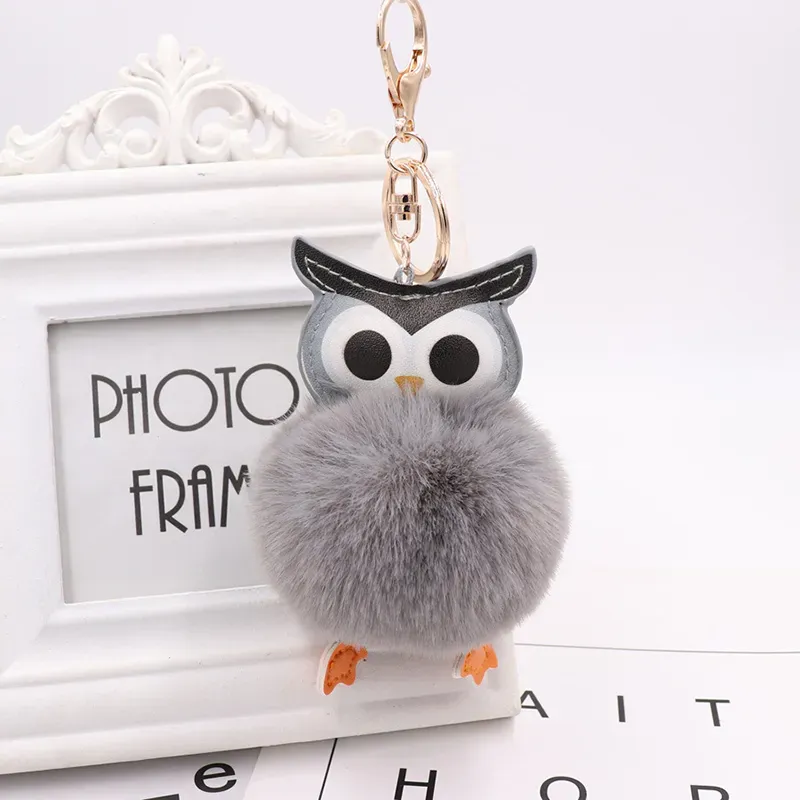 Cute Pompom Owl Keychain Plush Keyring Rabbit Fur Ball pompon Fluffy Leather cartoon Key Ring accessories Jewelry