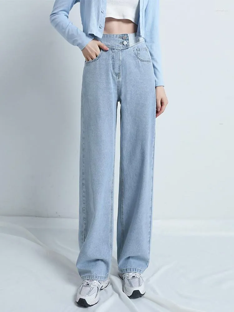 Kvinnors jeans 2023 Hight midja Kvinnor Mamma Fashion Elastic Denim Pants Straight Len Loose Fit Streetwear Summer Style Baggy byxor