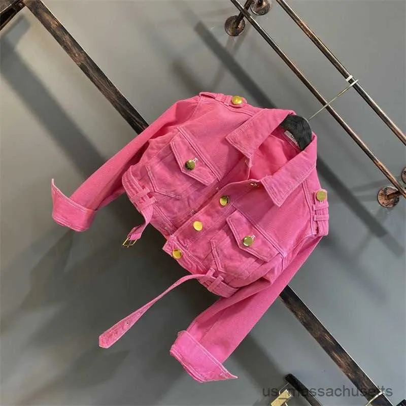 Jassen 2-15 roze kinderen baby meisjes jas herfst kleur metalen knop kinderen mode tieners meisje korte jas kleding R230912