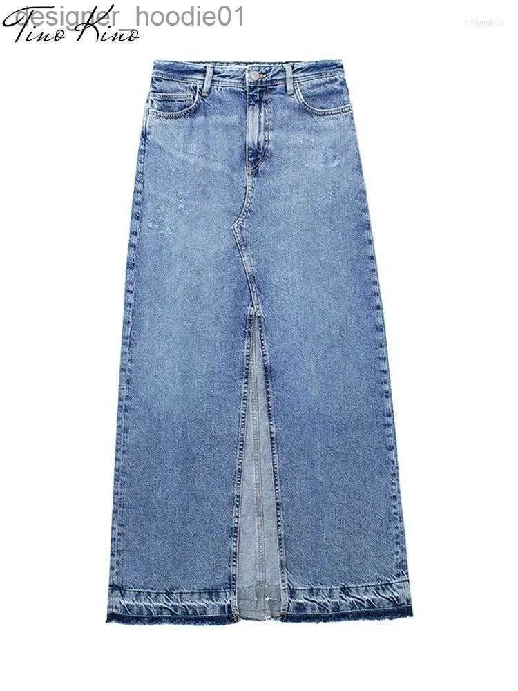 Gonne Gonne Gonna di jeans con spacco laterale blu Donna Casual Vita alta Pacchetto anca Midi Donna 2023 Primavera Estate Moda Streetwear L230912