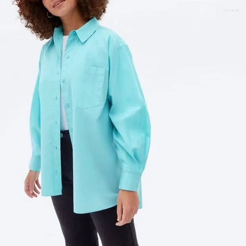 Blusas femininas casuais blusa solta manga longa cor sólida lapela camisa de rua feminino bolso