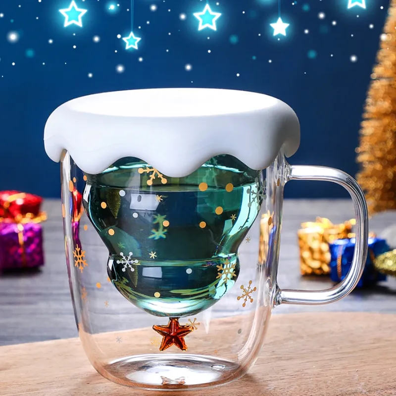 Doppelwandiger Weihnachtsbecher, Becher aus Borosilikatglas, Silikondeckel, Weihnachtsmann-/Weihnachtsbaum-/Schneemann-Deckel, Festivalzubehör, Weihnachtsdekoration, Milchsaftbecher