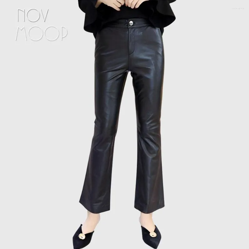 Pantaloni da donna Novmoop High Street Stile casual Donna Estate Nero Elastico in vita Pelle di agnello Vera pelle Flare Spodnie Pantalones LT3093