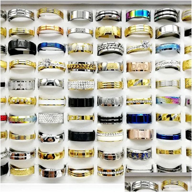 Anneaux de bande Date 30pcs / lot Mix Style Bague en acier inoxydable Métal Titanium Finger Band Fit Hommes et Femmes Fashion Party Engagement Gif Dhosq