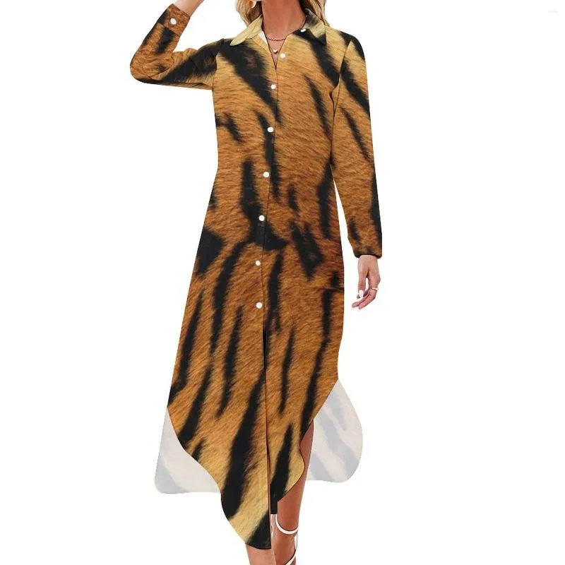 Sukienki zwyczajne Tiger Skin Print Sukienka Zwierzęta stylowy długi rękaw na plażę damski v