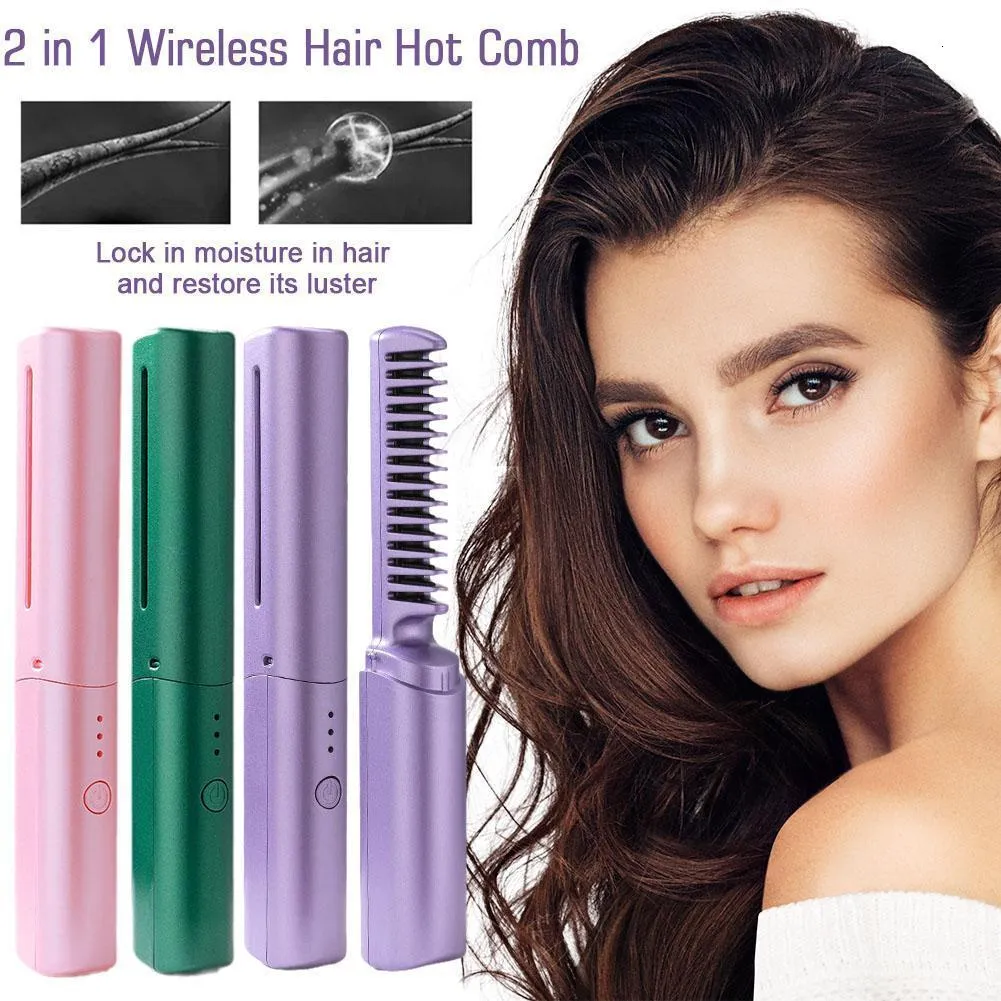 Haarglätter 4000 mah Drahtlose Professionelle Haarglätter Curler Kamm Schnelle Erwärmung Negative Ionen Glättung Curling Pinsel Styling Werkzeuge 230912