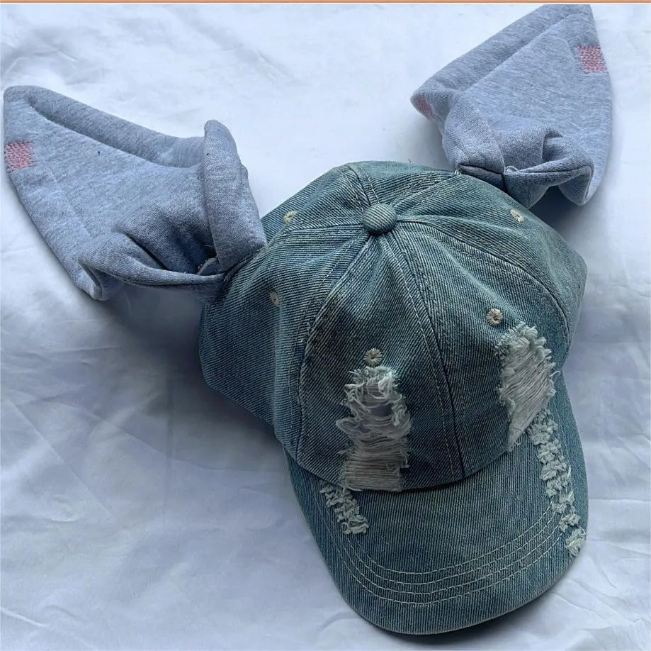 MinJi Haerin OMG Stage Long Rabbit Ear Denim Cap Womens Y2K