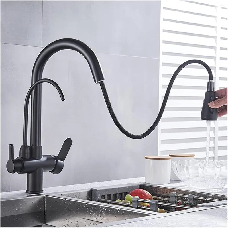 Kitchen Faucets Faucet With Filter Connection Brass Pull-Out Double Rotating Sink Three Water Outlet Modes 360 ° Rotation