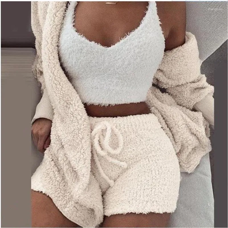 Mulheres sleepwear sexy 3 peças terno mulheres veludo pijama conjunto v pescoço colheita top shorts comprimento total cardigans casaco quente grosso homewear outfits