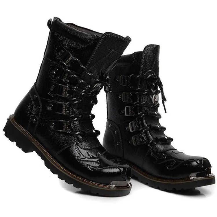 Män stövlar motorcykel mode mid-calf punk rock punk pu läder svart hög topp herr casual boot stål tå skor stor storlek 38-46 för pojkar party stövlar