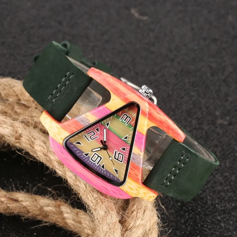 Unique Colorful Wood Watch Creative Triangle Shape Dial Hour Clock Women Quartz Leather Bracelet Watch Women