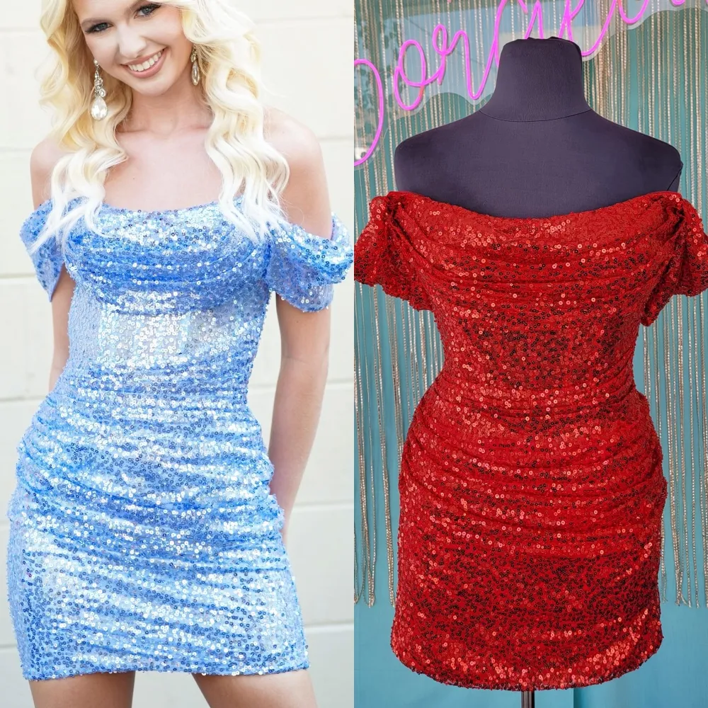 Off Shoulder Homecoming Dress 2k24 NYE Hoco Ruched Sequin Corset Drama ...