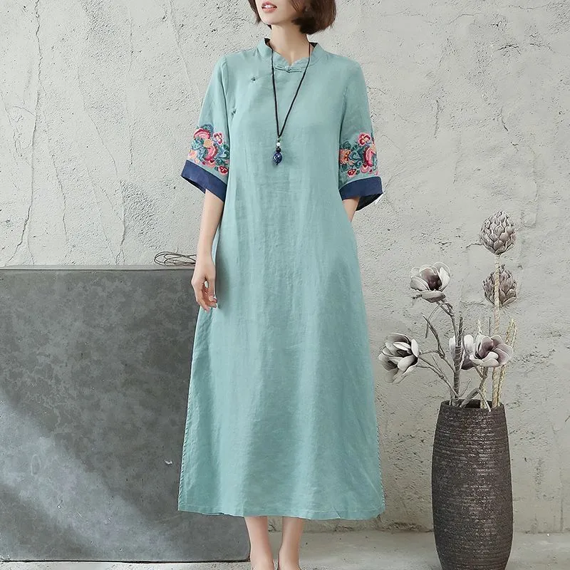 Basic Casual Jurken 2023 Chinese Geborduurde Hanfu Qipao Dres Traditionele Nationale Stijl Lente Zomer Casual Dagelijks Losse Cheongsam 230911