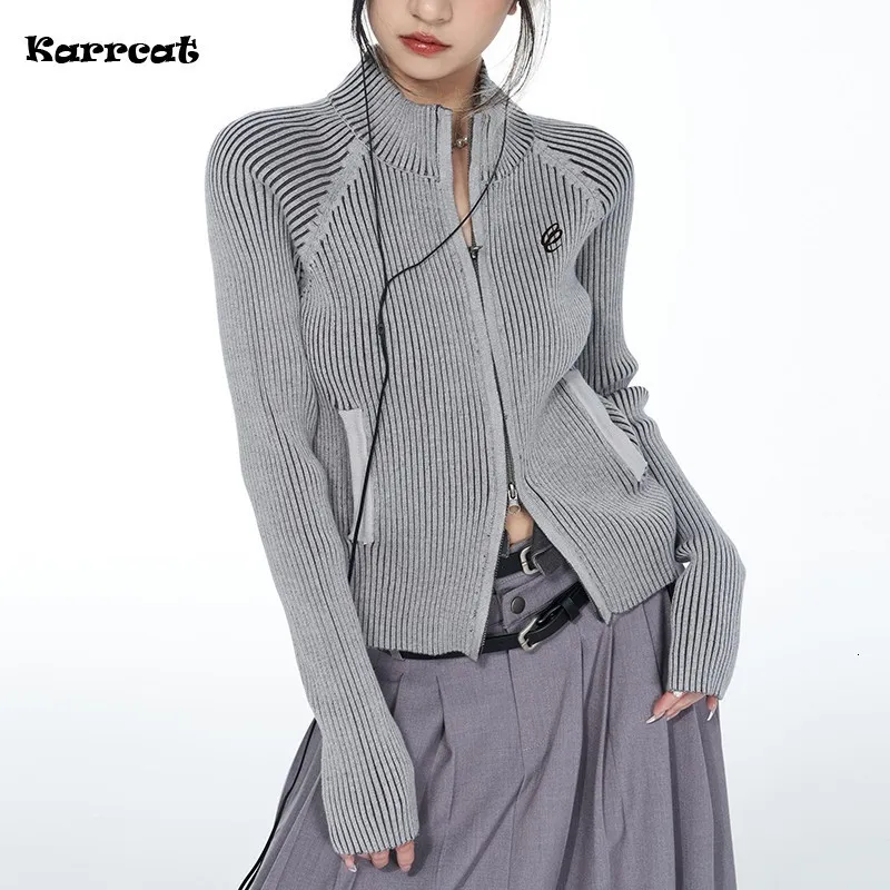Karrcat Cardigan côtelé vintage pour femme - Pull tricoté avec broderie grunge - Esthétique Y2k - Manteau à fermeture éclair - Style américain - Streetwear 230912