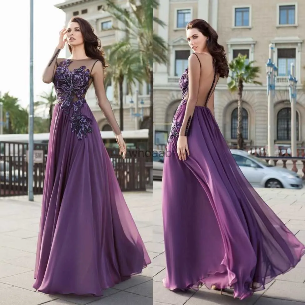 Street-Style-Kleider, violette Kleider mit Spitzenapplikationen, Abendgarderobe mit langen Ärmeln, transparenter Bateau-Ausschnitt, A-Linie, Ballkleider, bodenlanges formelles Chiffon-Kleid HKD230912