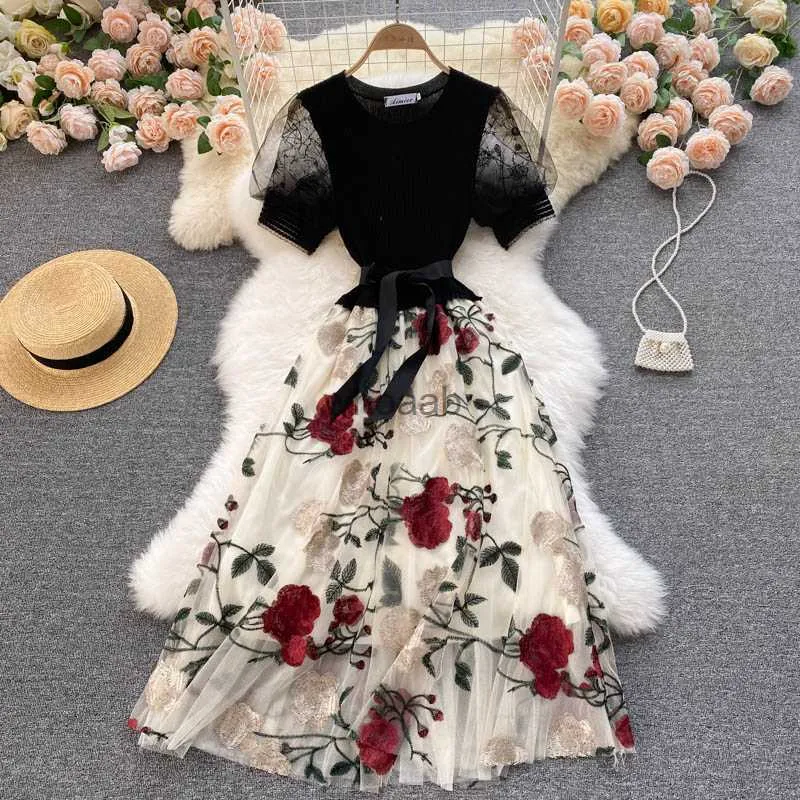 MagnificentNew Summer Solid Slim Chiffon Lady Full Dress A Line V Neck Single Breasted Puff Sleeve High midje Women 2023 HKD230912