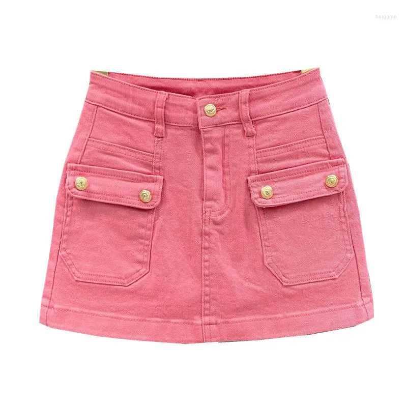 Skirts 2023 White Pink Denim Short Skirt Women's Summer Pocket High Waist Hippie Wrap Y2K 90s Harajuku Pleated Mini