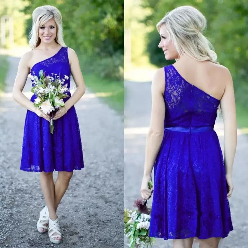 Royal Blue Country Bridesmaid Dresses New Short For Weddings Lace Knee Length With Sash One Shoulder Maid of Honor Gowns Under 100