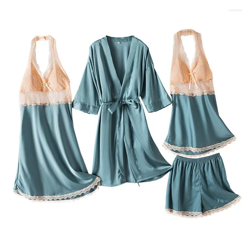 Damen-Nachtwäsche, Satin-Spitze-Robe, Goen-Anzug, sexy Damen-Nachthemden mit V-Ausschnitt und Cami, 4-teilig, Heim-Nachtwäsche, rückenfreie Dessous, Frühlingsdame