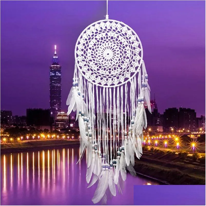 Arts et métiers à la main de la main de rêve en dentelle Courcar avec des plumes décoration suspendue Ornement Craft cadeau Clogheted White Dreamcatcher OT3ZF