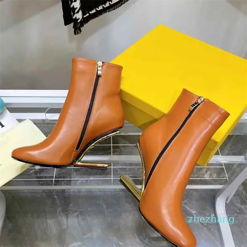 2023- Winter First Ankle Boots Women Leather Round toe interior side Zipper head gold shape stereo heel Luxury Profiled With Novel Size 35-43