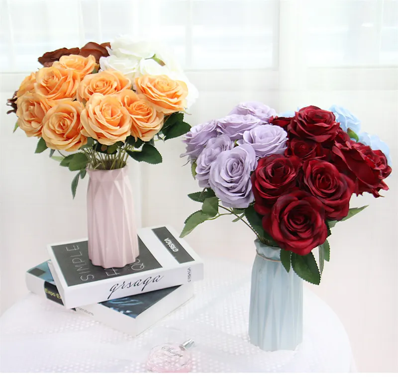 9 голов 1 букет роз искусственный цветок держит букеты вечеринка свадебная сцена витрина домашний декор поддельные цветочные подарки оптом