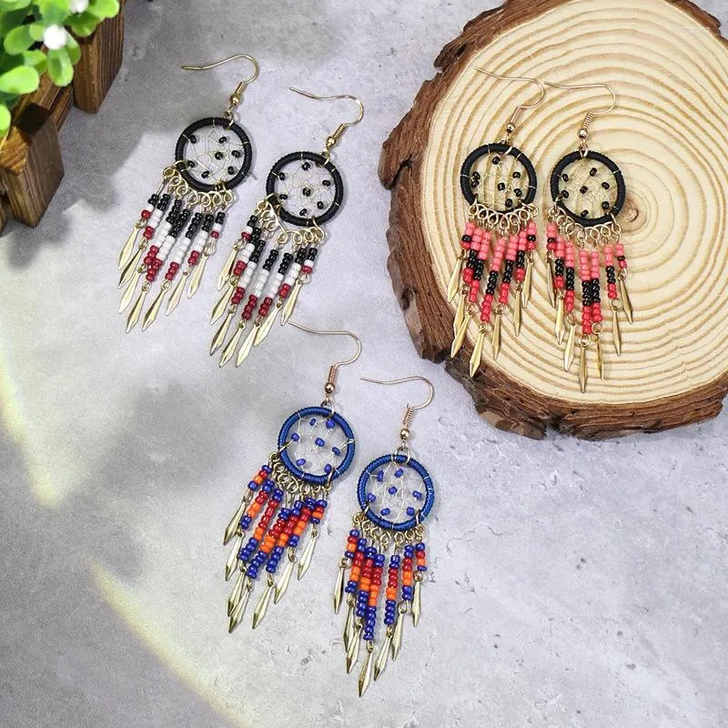 Boucles d'oreilles pendantes attrape-rêves tendance Boho été ethnique bohème fait à la main perlé longue suspension pour femmes bijoux de mode