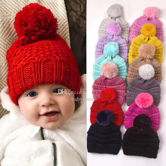 Wholesale kids pom pom hats baby winter hat knitted wool beanie Cap Newborn infant Warm Crochet hat