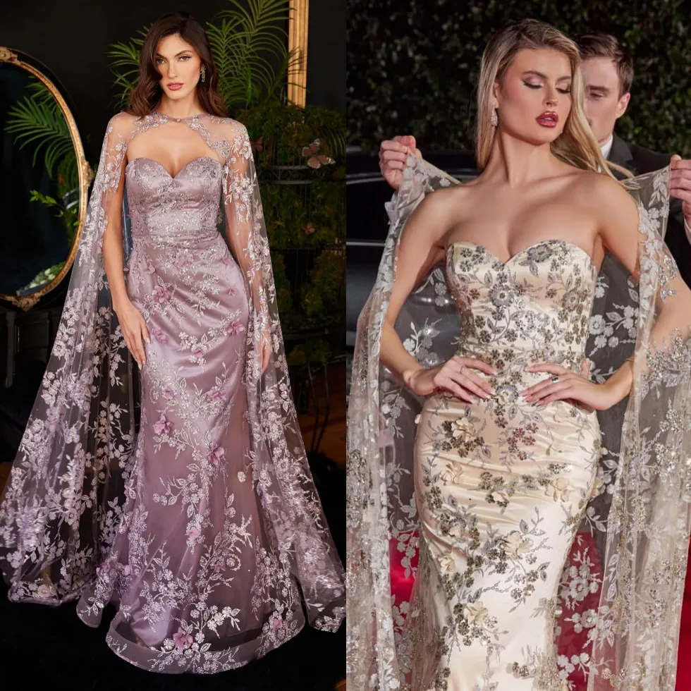 Vestidos de fiesta de sirena con purpurina y capa, vestidos de noche con lentejuelas, escote corazón, largo hasta el suelo, vestido Formal de tul