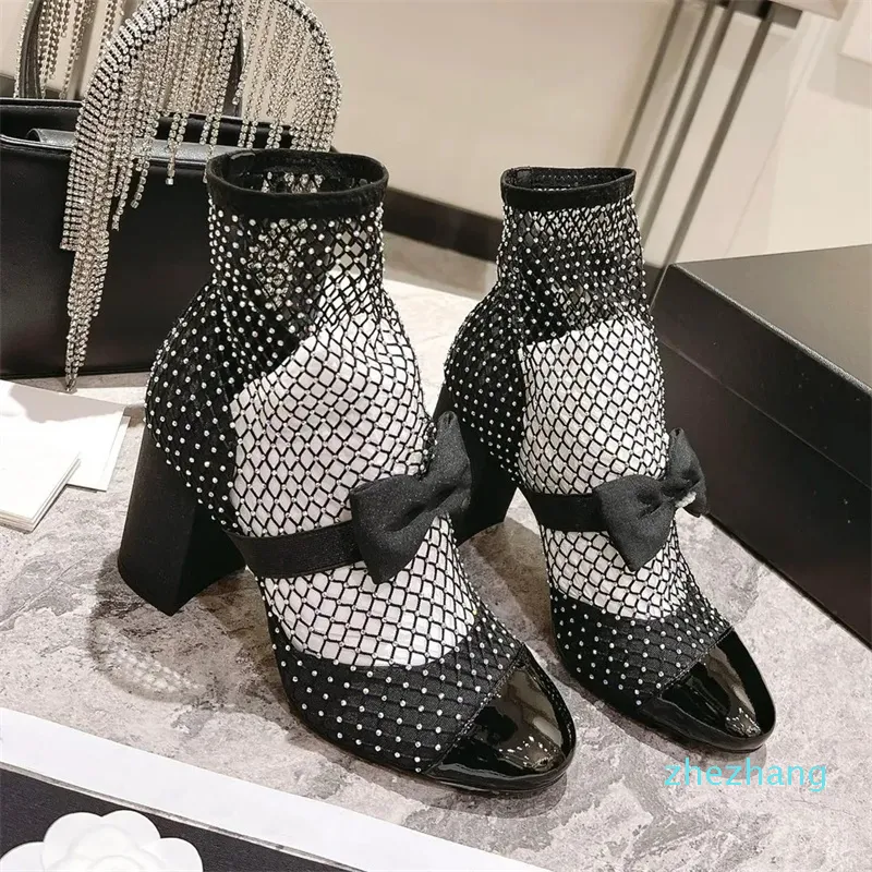 2023-Luxury Designer Strass Boucle Chunky Talon Chaussures Femmes 8.5cm High Heeled Bootie Mode Couleur Mixte Bottine Usine Chaussures