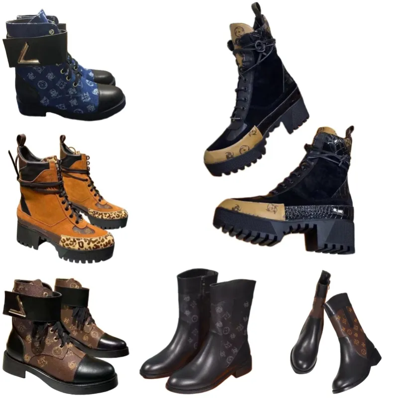 Boots metal letter martin boots old flower designer shoes chunky heel knight boots genuine leather ankle boots side zipper half boots fashion buckle leopard print