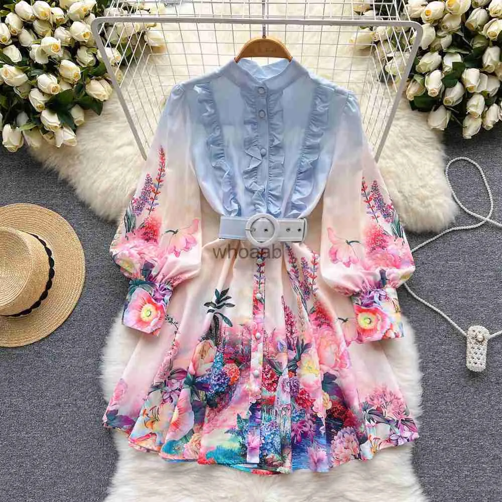Sukienki w stylu ulicznym Spring Summer Runway Designer Flower Linen Dress Women Ruffles Lantern Sleeve Single Bered Short Vestidos 2023 HKD230912