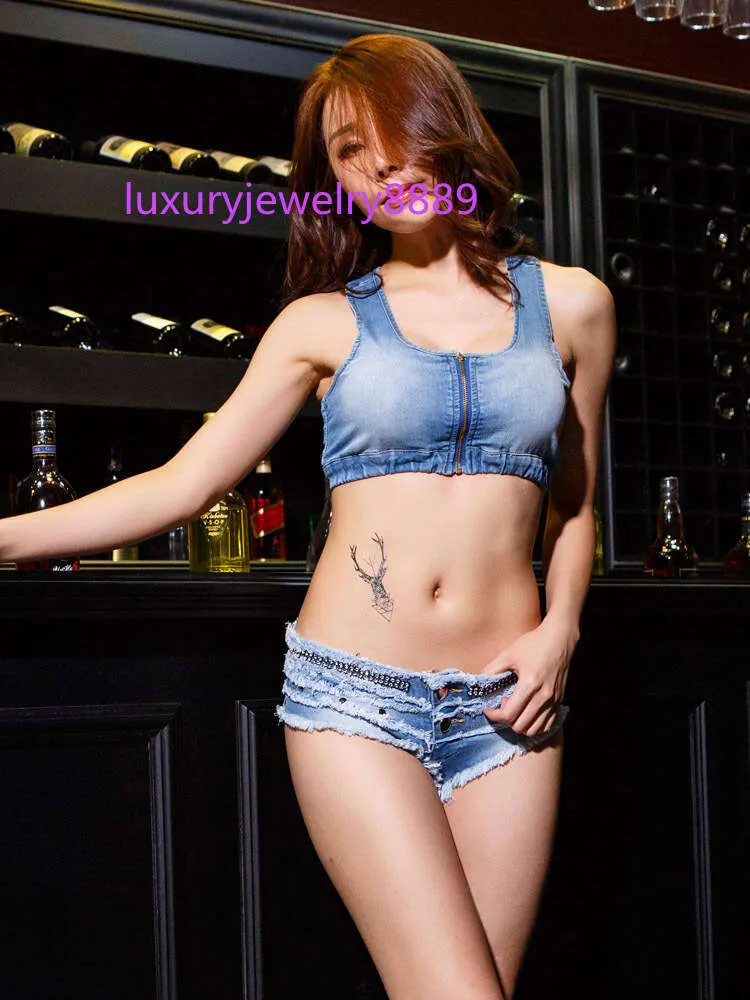 Y2K Denim Two Piece Set Woman Outfit Sexy Halter Bra Top and