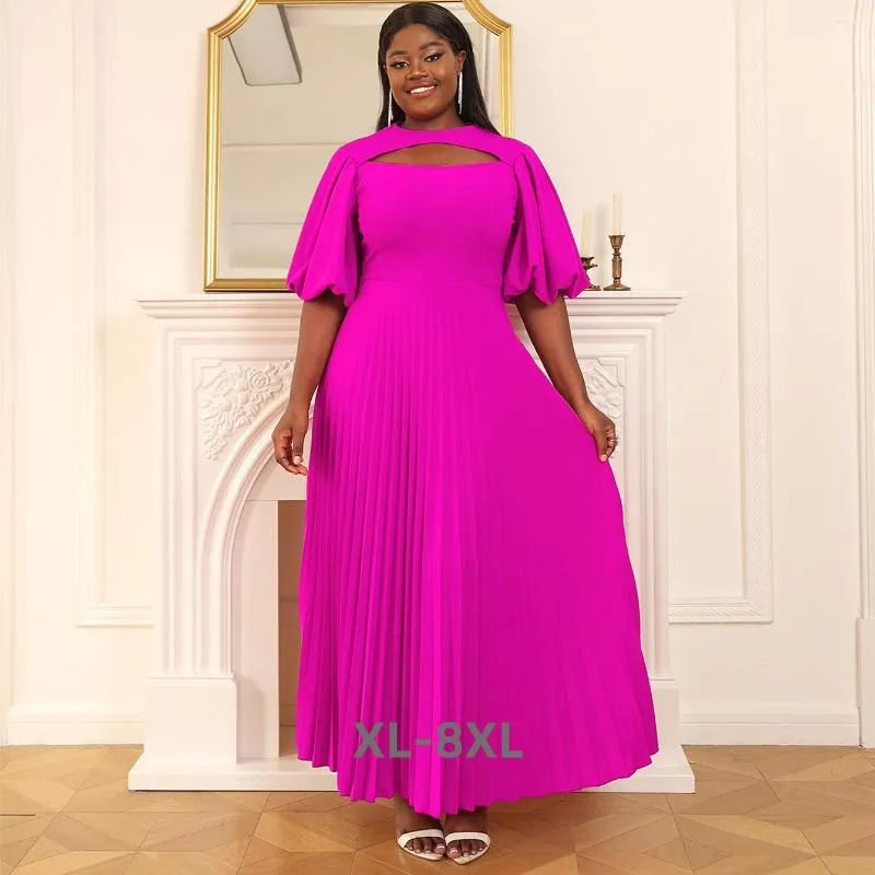Summer Trendy Plus Size Pleated Hot Pink Evening Dress With Puff