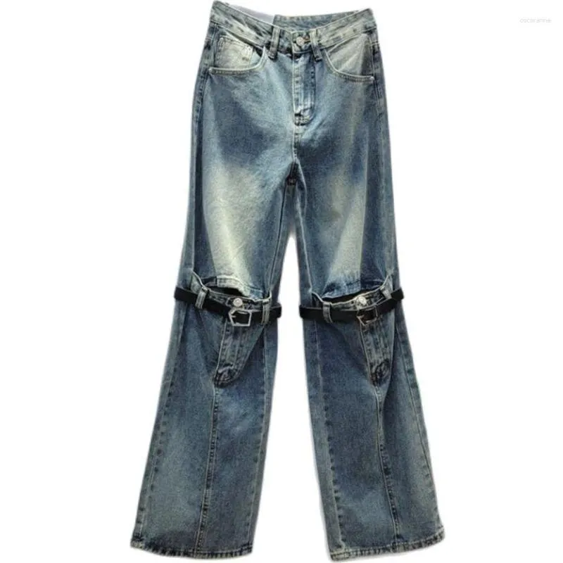 Women's Jeans 2023 Autumn Retro Distressed Boot Cut For Women High Waist Belt Spliced Design Fashion Casual Pants Y4235