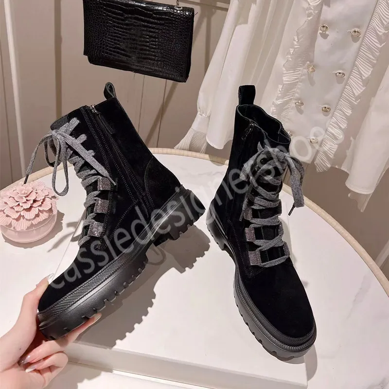 Brunello Korte Laarzen Dames Designer Lace Up Platform Mode Vrouwelijke Martens Luxe Merk Echt Leer Casual Schoenen Outdoor Winter 2023 Nieuwe Laarsjes Chelsea Laarzen