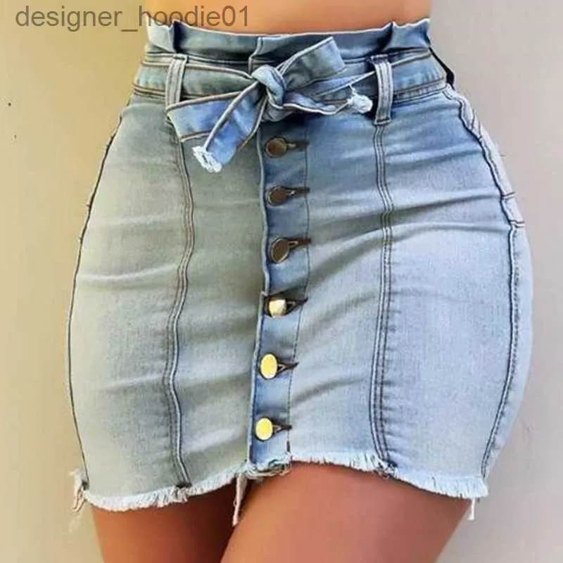 Jupes Harajuku Denim Mini jupe dames été taille haute à lacets jean Shorts jupes femmes moulante avec fausses grandes poches L230912