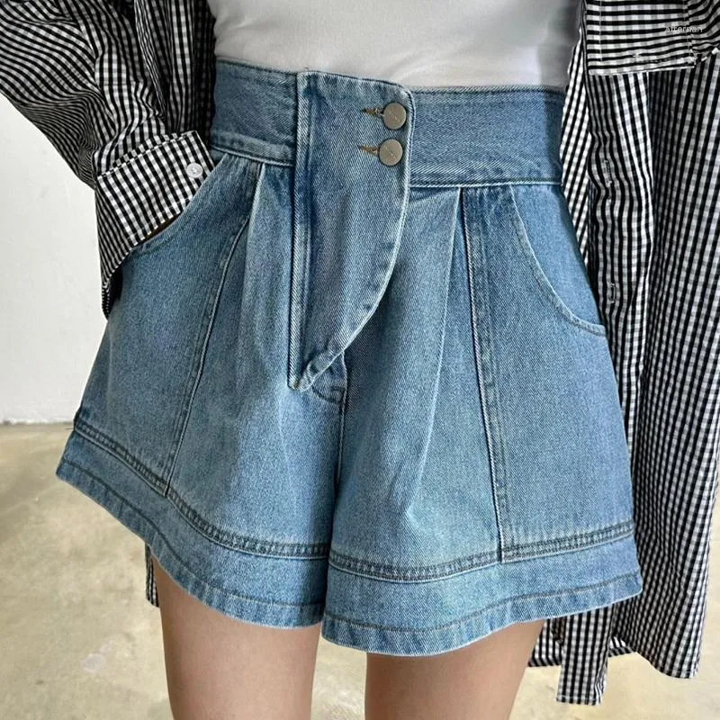 Damen-Jeans, koreanische Mode, Sommer-Shorts, französischer Vintage-Stil, hohe Taille, vielseitig, zwei Knöpfe, Klappe, offenes Faden-Design, weites Bein, Denim