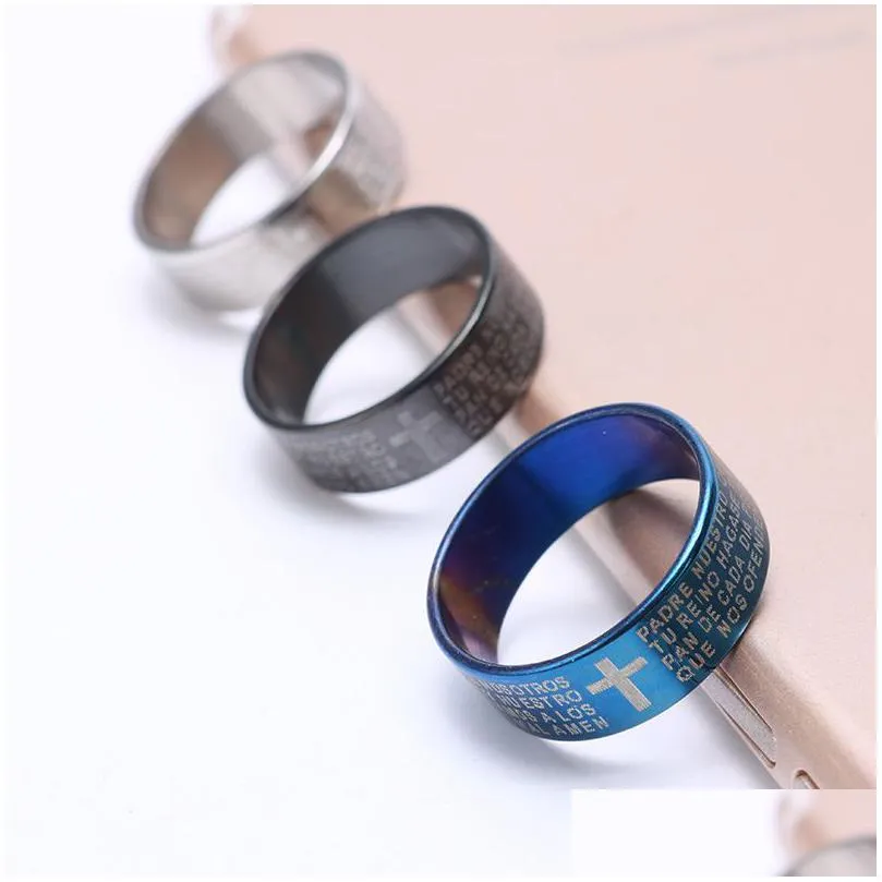 Band Rings 30Psc/Lot Cross Band Rings Christ Jesus Scripture Lords Prayer Stainless Steel Large Sizes 6-12 Fit Man Women Jewelry Gifts Dhxhx