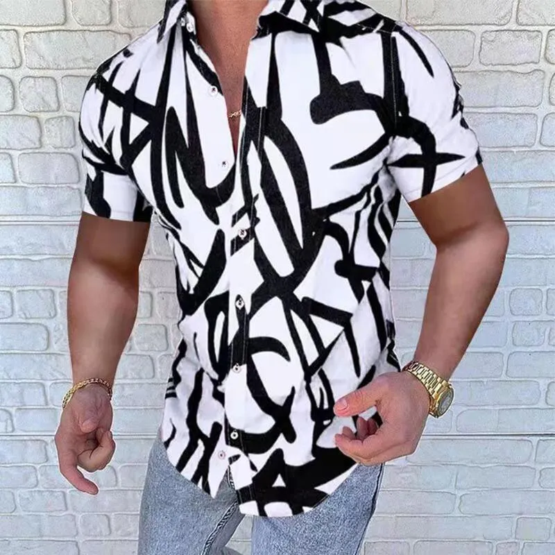 Herr t-skjortor smala sommar lyxiga sociala lapel streetwear mode kort ärm hawaiian toppar t-shirts manlig klubb prom