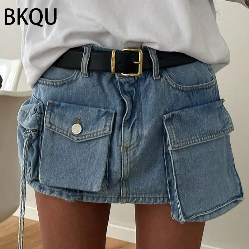 Jupes bkqu été bleu denim mini jupes femmes y2k vintage poche haute taille jean jupe esthétique bottoms femelles coréennes 230911