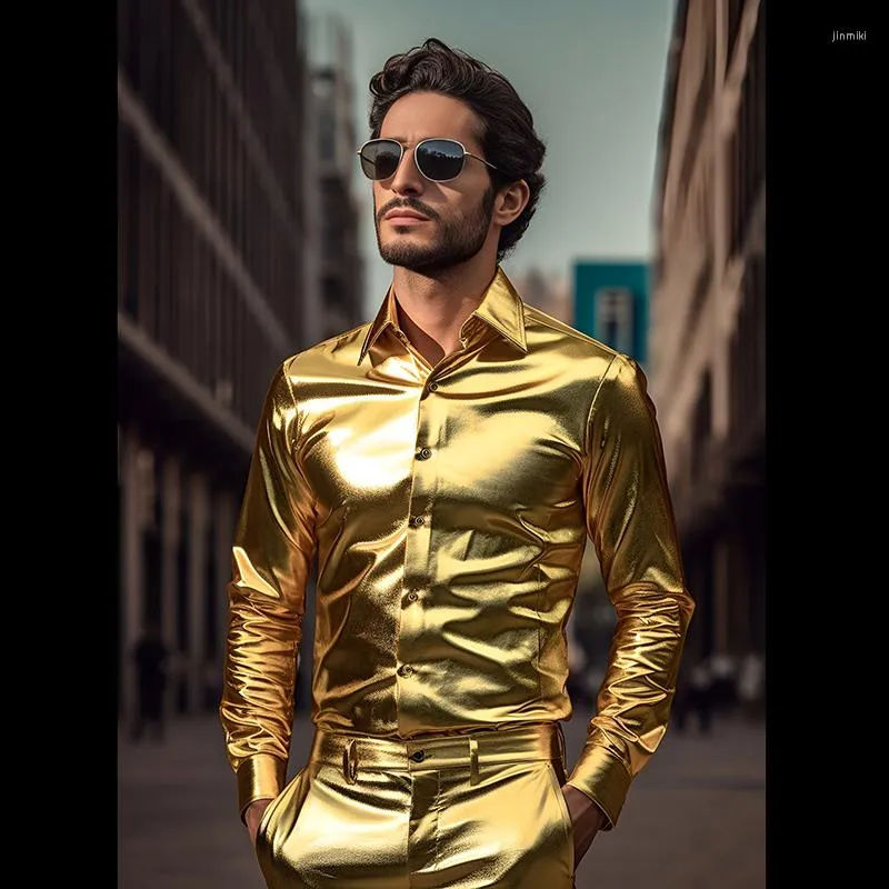 Chemises habillées pour hommes 2023 70's Disco Gold Metallic Up Male Fashion Stage Show Performance Chemise de haute qualité Banquet Prom Chemise Hombre