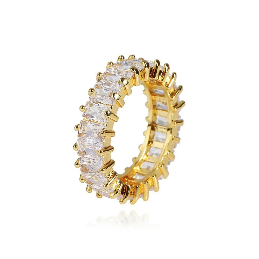 Anello con diamante a forma di T a fila singola minimalista hip hop da 6 mm. Anelli hiphop con riempimento in vero oro 18 carati