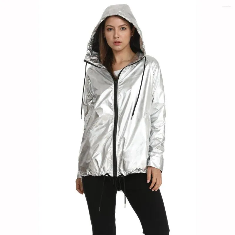 Damen Kapuzenpullover, wasserdichte Jacke, glänzend, mit Kapuze, Windjacke, Reißverschluss, Gold, Silber, Sport